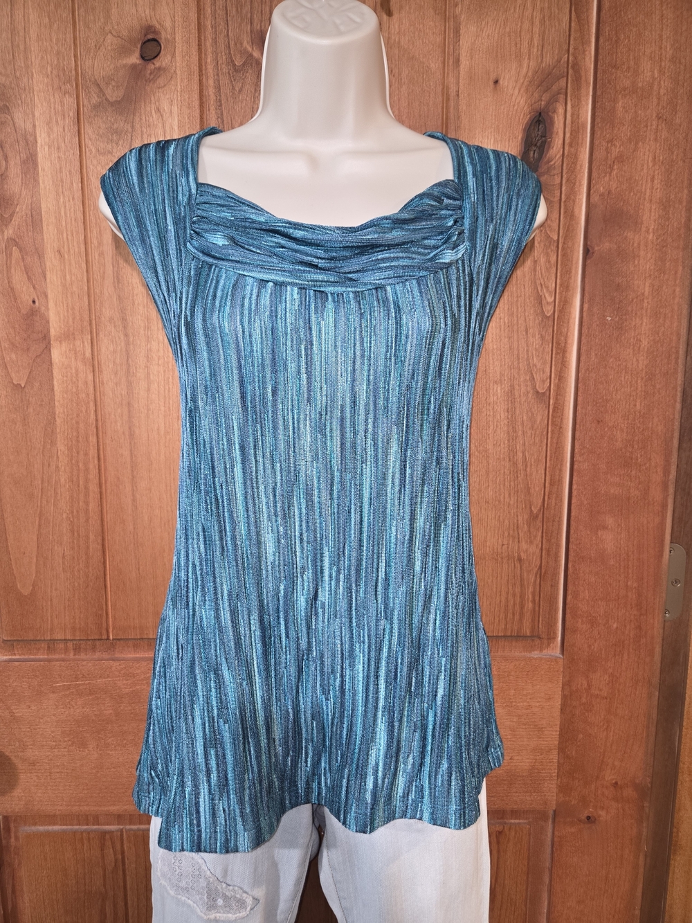 Jones New York Teal and Blue Striped Cowl Neck Cap-Sleeve Top
